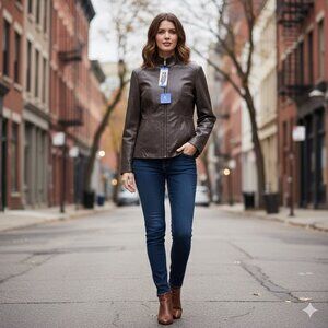 NWT Kenneth Cole Womens Vegan Leather Zip Coat Jacket Grey Size Large